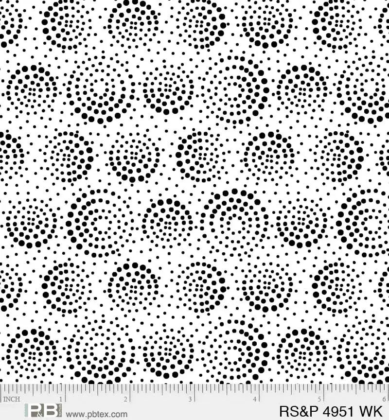 White Spinning Circles Salt & Pepper 44"/45" Fabric Per Yard - Linda's Electric Quilters