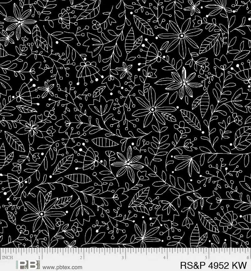 Black Floral Vines Salt & Pepper 44"/45" Fabric Per Yard - Linda's Electric Quilters