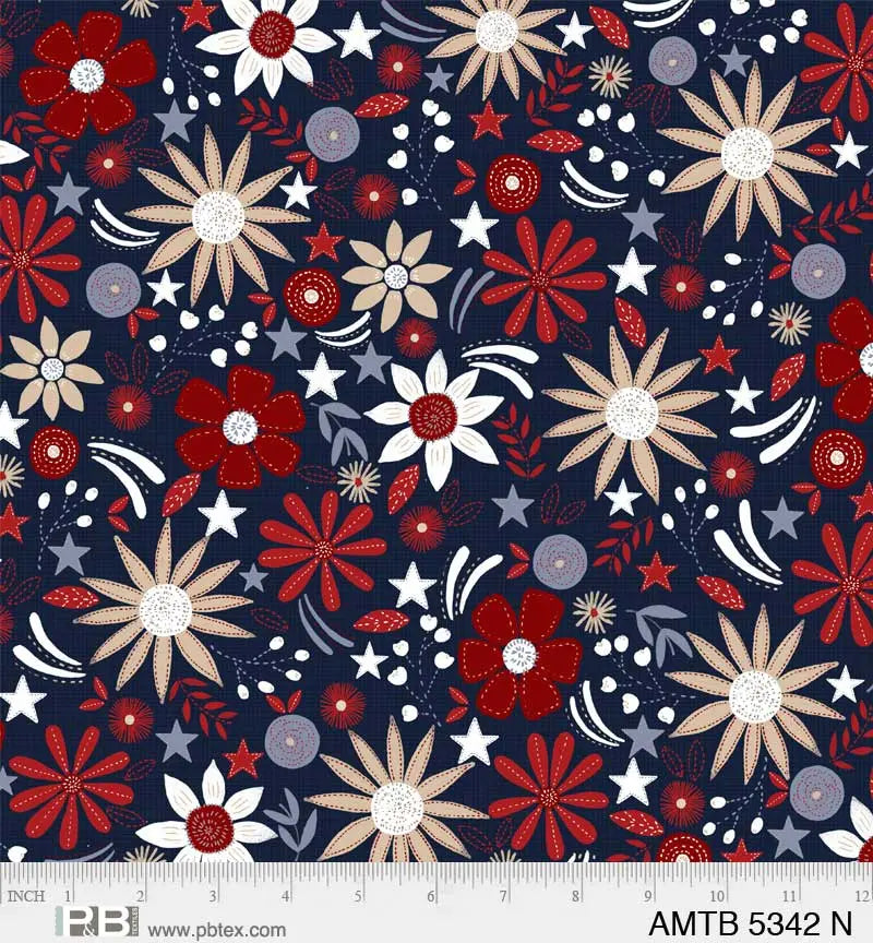 Blue Navy Floral America The Beautiful 44"/45" Fabric Per Yard - Linda's Electric Quilters