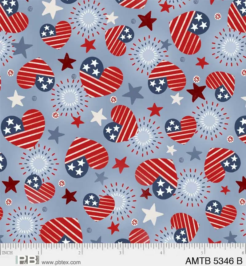 Blue Patriotic Hearts America The Beautiful 44"/45" Fabric Per Yard - Linda's Electric Quilters