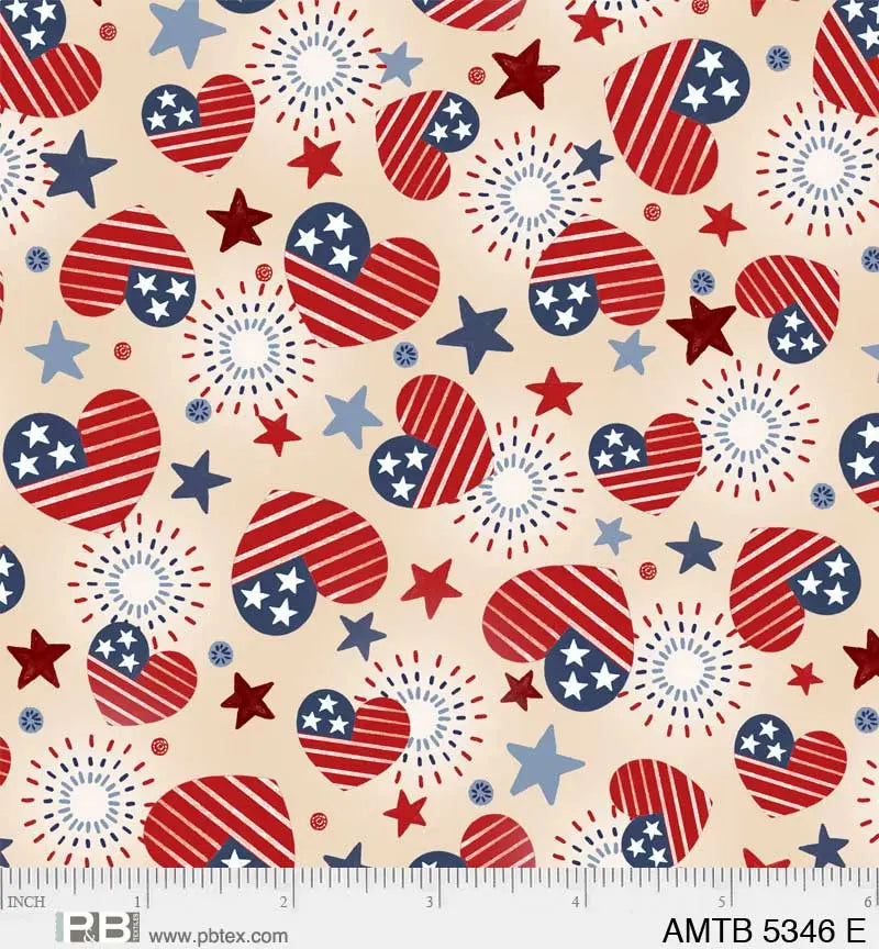 Cream Patriotic Hearts America The Beautiful 44"/45" Fabric Per Yard - Linda's Electric Quilters