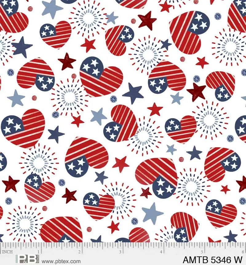 White Patriotic Hearts America The Beautiful 44"/45" Fabric Per Yard - Linda's Electric Quilters