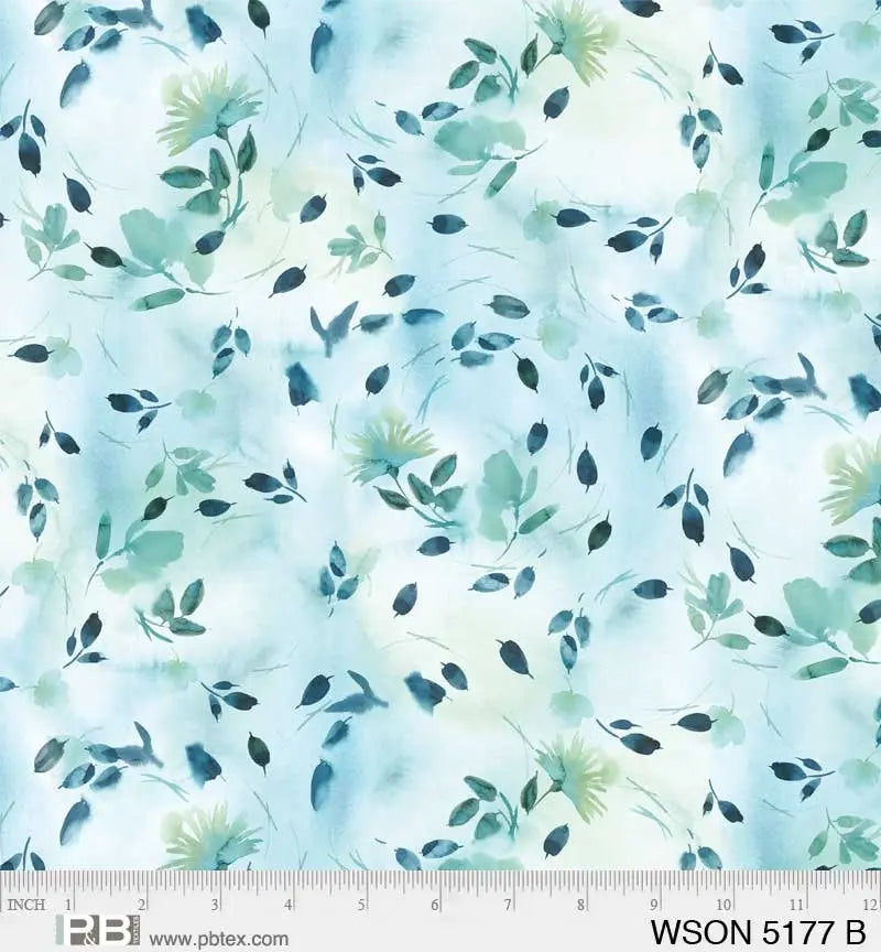 Blue Whisper Song Swirling Leaves 44"/45" Fabric Per Yard - Linda's Electric Quilters