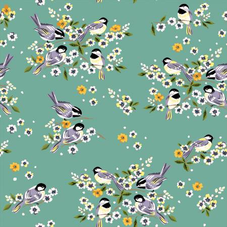 Windham Orchard and Grove birdies turquoise organic cotton