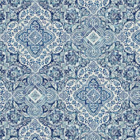 Windham Banyan decorative tiles quilting cotton fabric in Ivory Blue