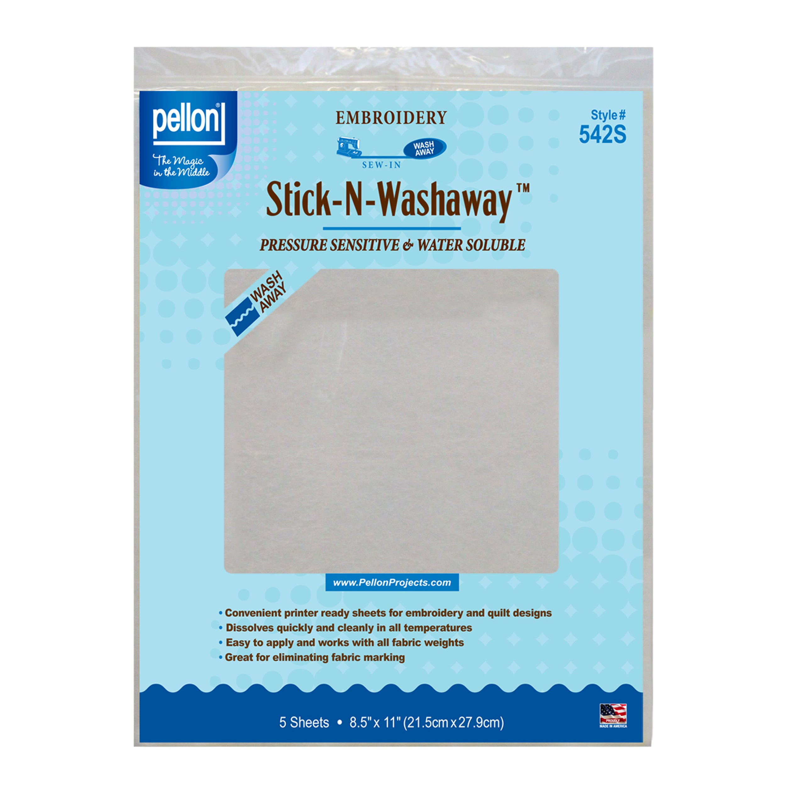 Pellon® 542S Stick-N-Washaway™ Embroidery Stabilizer 5 Sheets - 8.5" x 11" Package. Color: White.