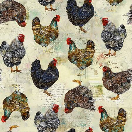 Windham BOHO Chicks Rustic Chickens quilting cotton in Multi