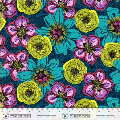 Winding Road Flower Fields Teal Cotton 44"/45" Fabric Per Yard