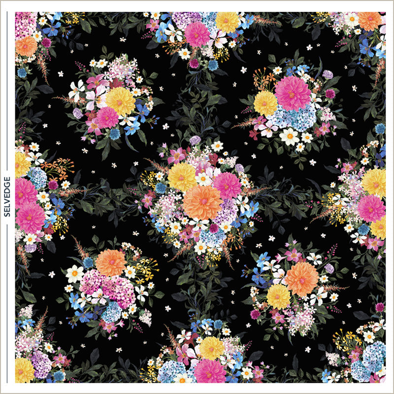 Black Whimsical Garden Midnight Blooms Cotton 44"/45" Fabric Per Yard