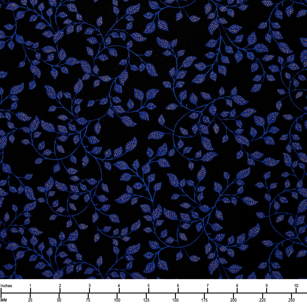 Black Mini Dotted Leaves Metallic Cotton 44"/45" Fabric Per Yard