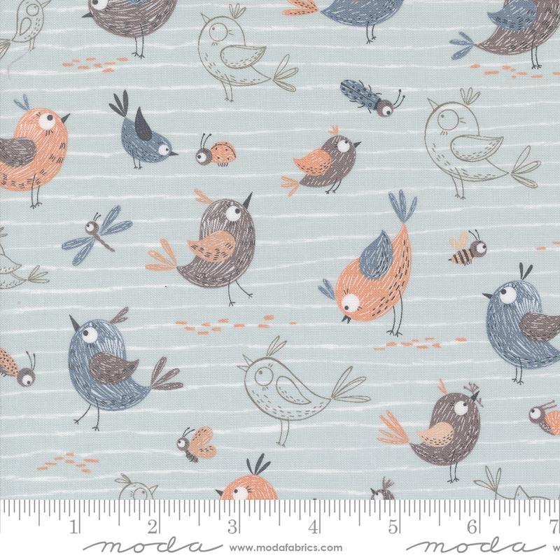 Moda Chirp friends bird quilting cotton fabric in Sky