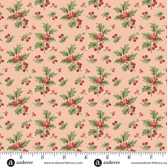 Jingle Bell Holly Branch Strawberry Crème 44"/45" Fabric Per Yard