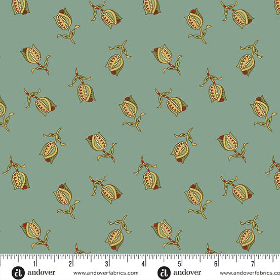Jingle Bell Ornamental Tulips Vintage Blue 44"/45" Fabric Per Yard