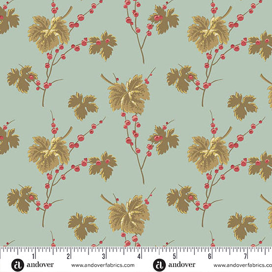 Leaves and Berries Vintage Blue Jingle Bell by Laundry Basket Quilts 108" Cotton Wideback Fabric per yard