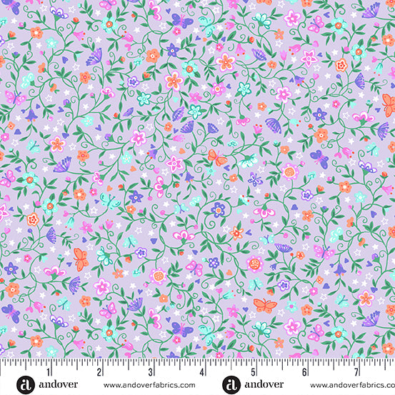 Makower UK Fairy Dust Flower Trail Lilac quilting fabric — whimsical flower trail in lilac purple