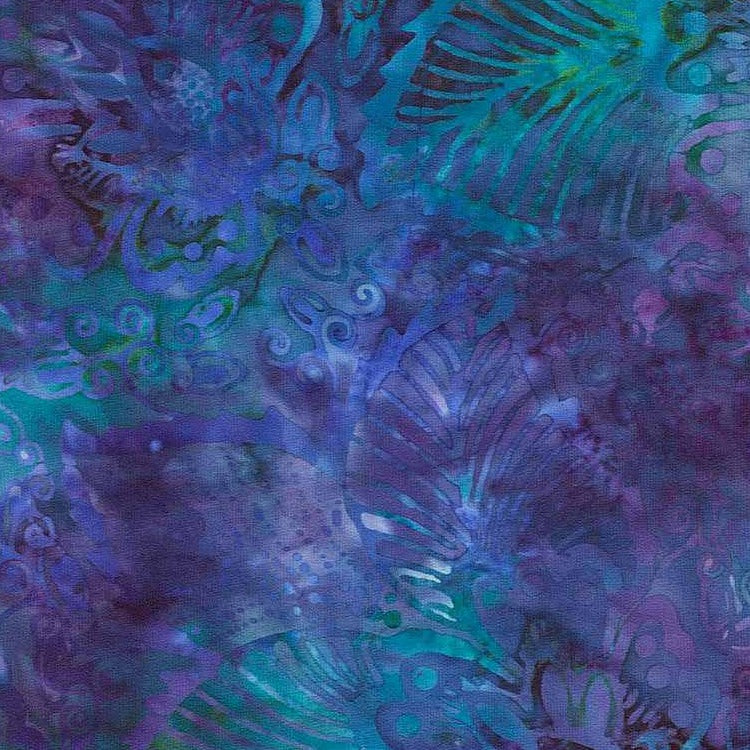 Blue Purple Tri Exotic Leaf Reef Batik Wideback Fabric