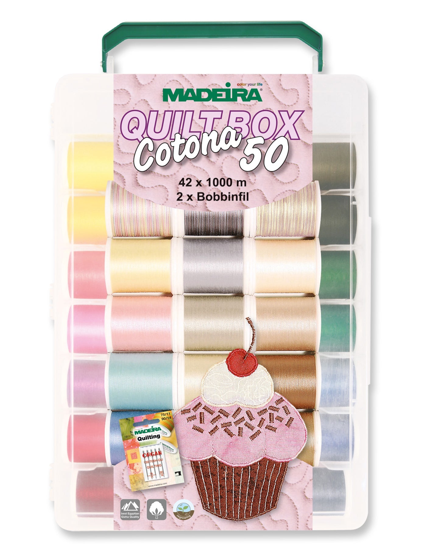 Cotona 50 – 1100-yard (1000m) Assortment Box, 42 Spools, 26 Solid Colors, 16 Variegated Colors