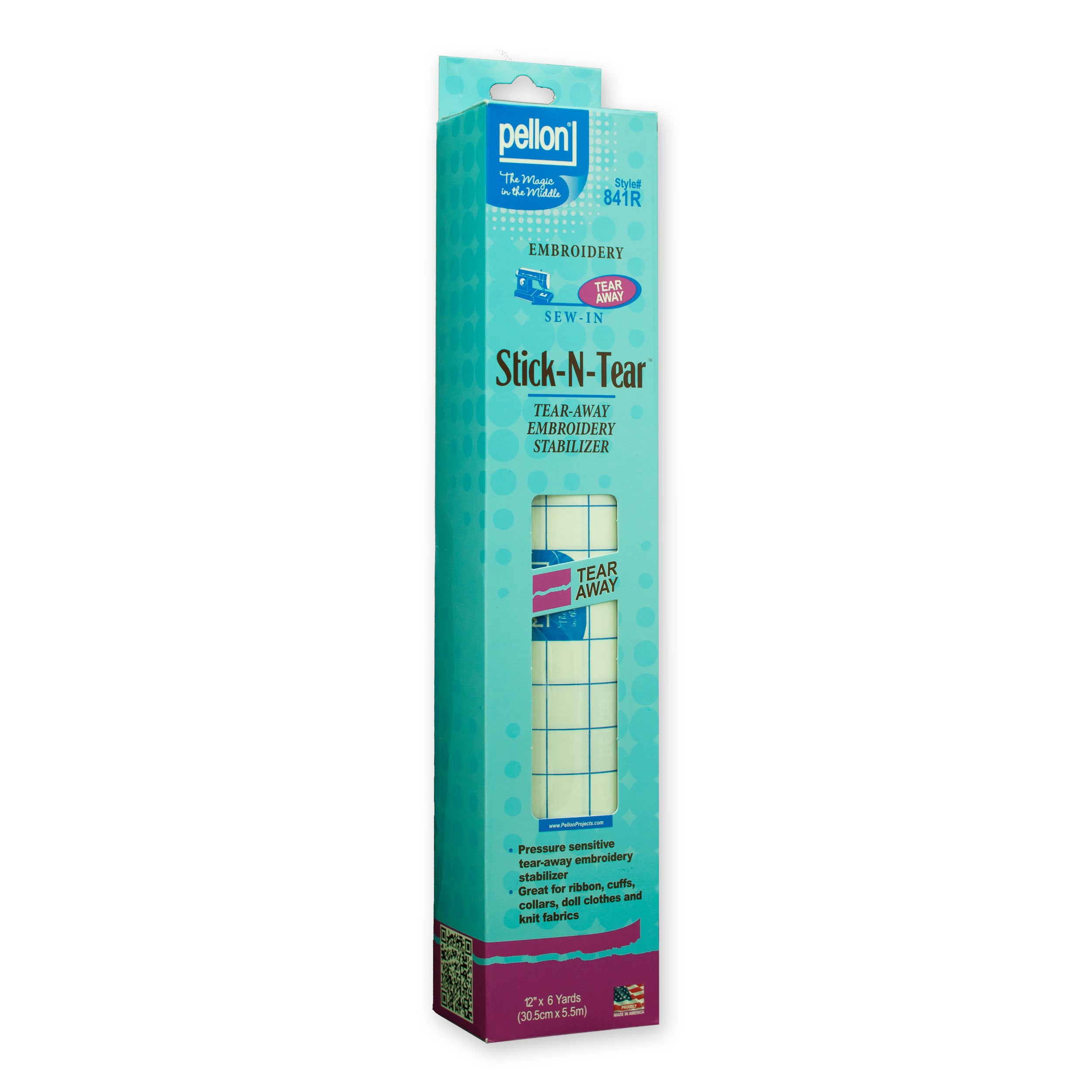 Pellon® 841 Stick-N-Tear™ Stabilizer 12" x 6 yards Package. Color: White.