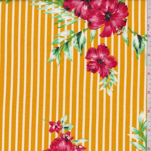 Orange Gold Stripe Hibiscus Double Brushed Jersey Knit Fabric