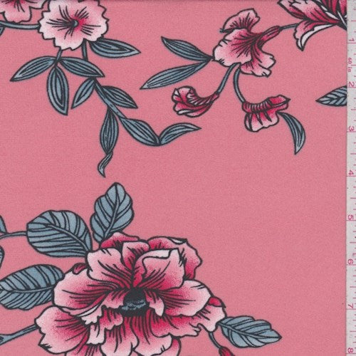 Salmon Pink Sketch Floral Double Brushed Jersey Knit Fabric