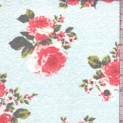 Spa Blue/Red Rose Slub Jersey Knit Fabric