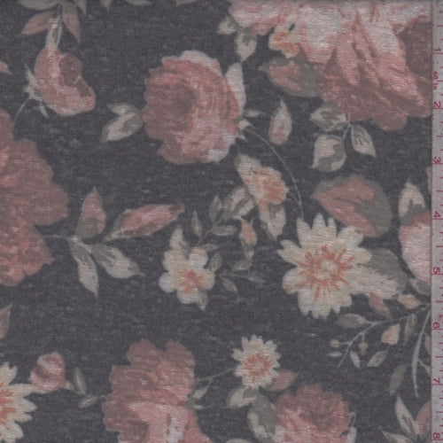 Black/Clay Floral Slub Jersey Knit Fabric