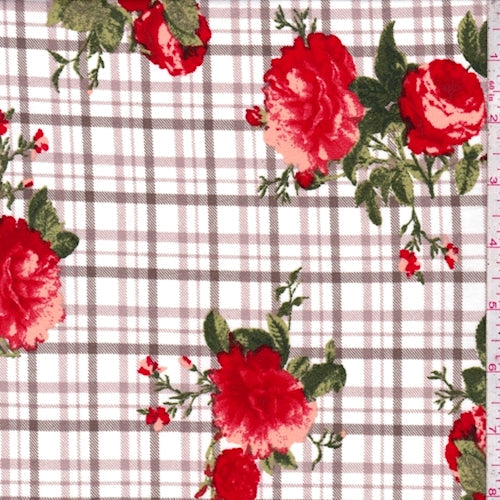 White/Red Plaid Floral Double Brushed Jersey Knit Fabric
