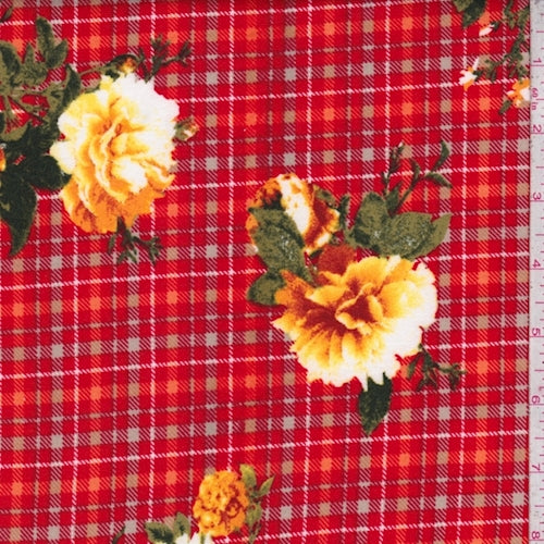 Red/Yellow Plaid Floral Double Brushed Jersey Knit Fabric