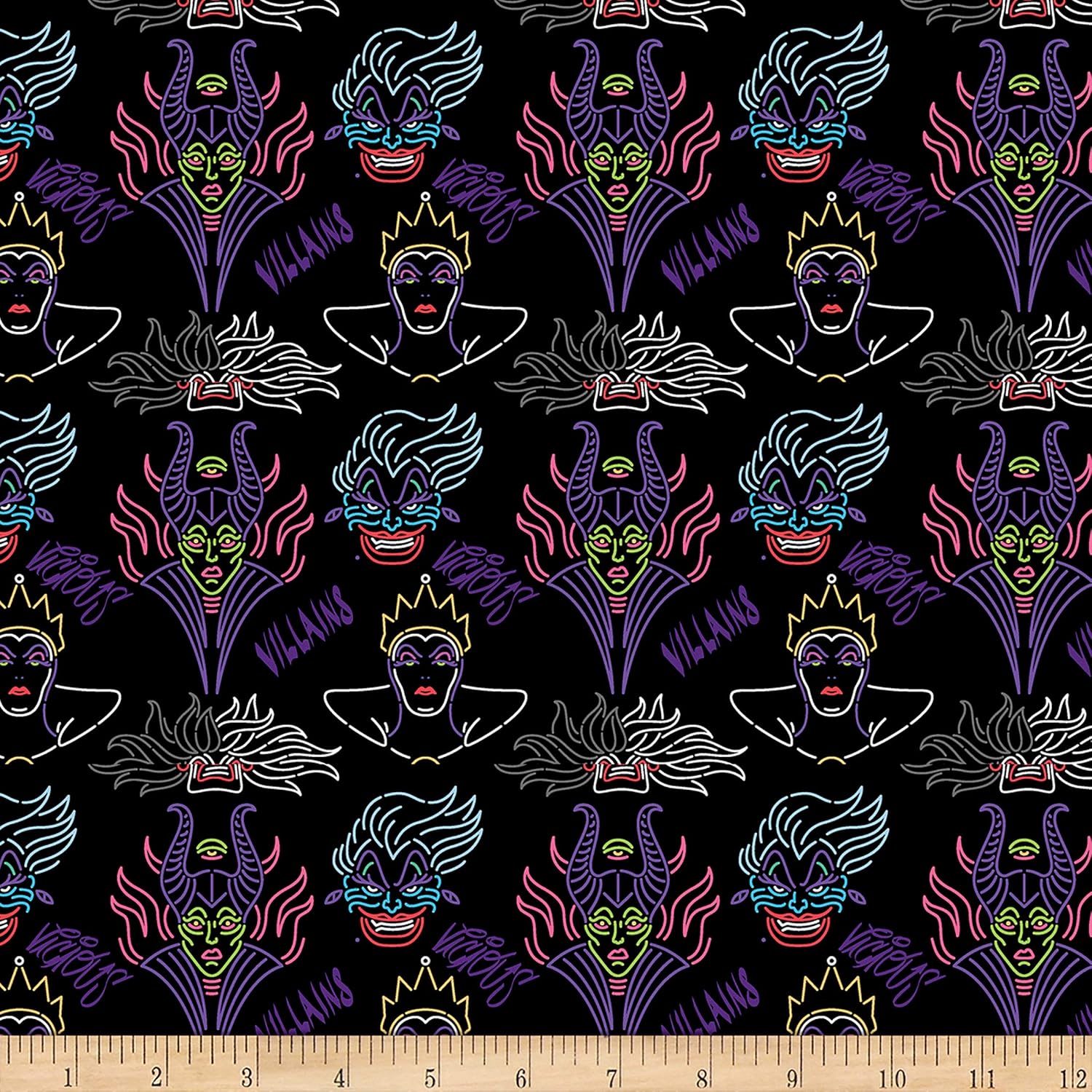 Disney Villain Neon Outlines on Black Cotton 43"/44" Fabric Per Yard