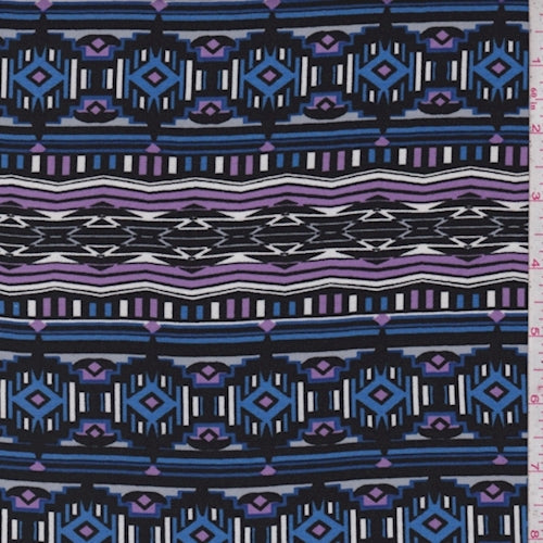 Bright Blue/Lilac/Black Southwest Stripe Rayon Challis Fabric