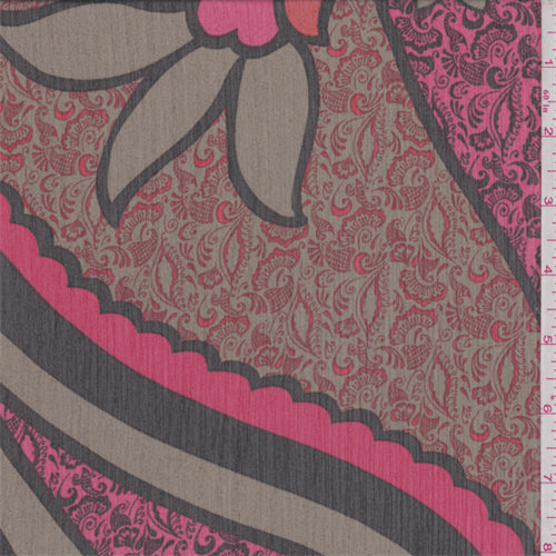 Olive/Coral/Red Paisley Print Crinkled Chiffon Fabric