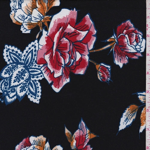 Black/Gold Stylized Floral Double Brushed Jersey Knit Fabric