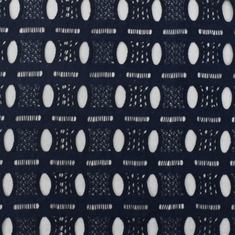 Dark Navy Blue Oval Striped Pattern Poly Crochet Knit Fabric