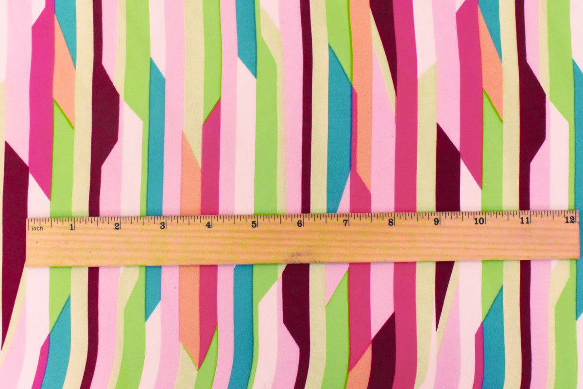 Pink-Green-Multi Abstract Stripe Printed Poly Georgette Woven Fabric