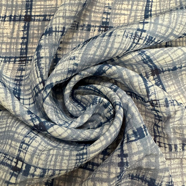 Blue Multi Check Print Rayon Lawn Fabric