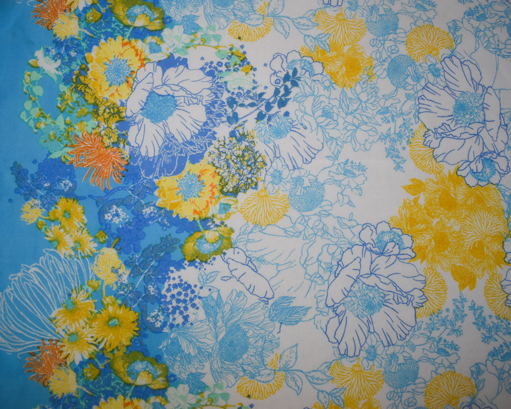 Blue-White-Multi Poly Floral Border Printer Chiffon Woven Fabric