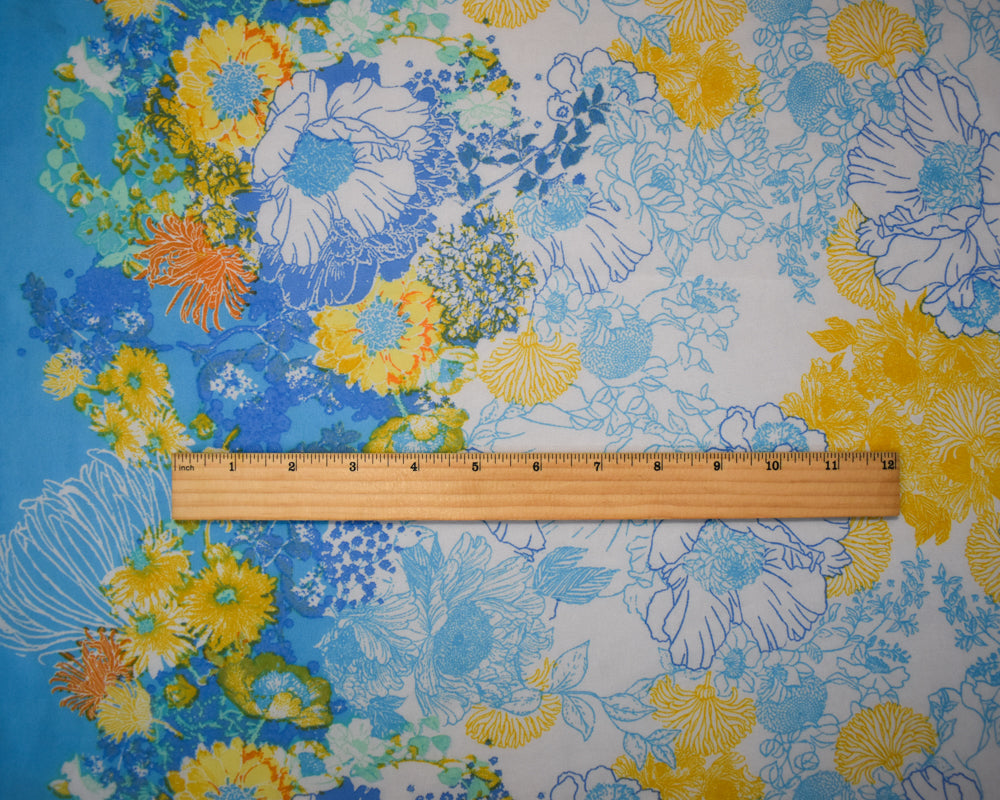 Blue-White-Multi Poly Floral Border Printer Chiffon Woven Fabric