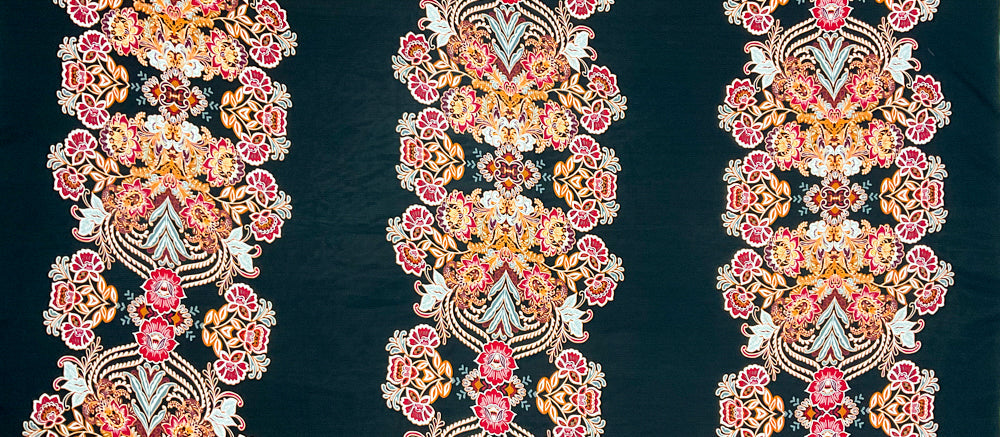 Black-Orange-Multi Poly Floral Stripe Printed Chiffon Woven Fabric