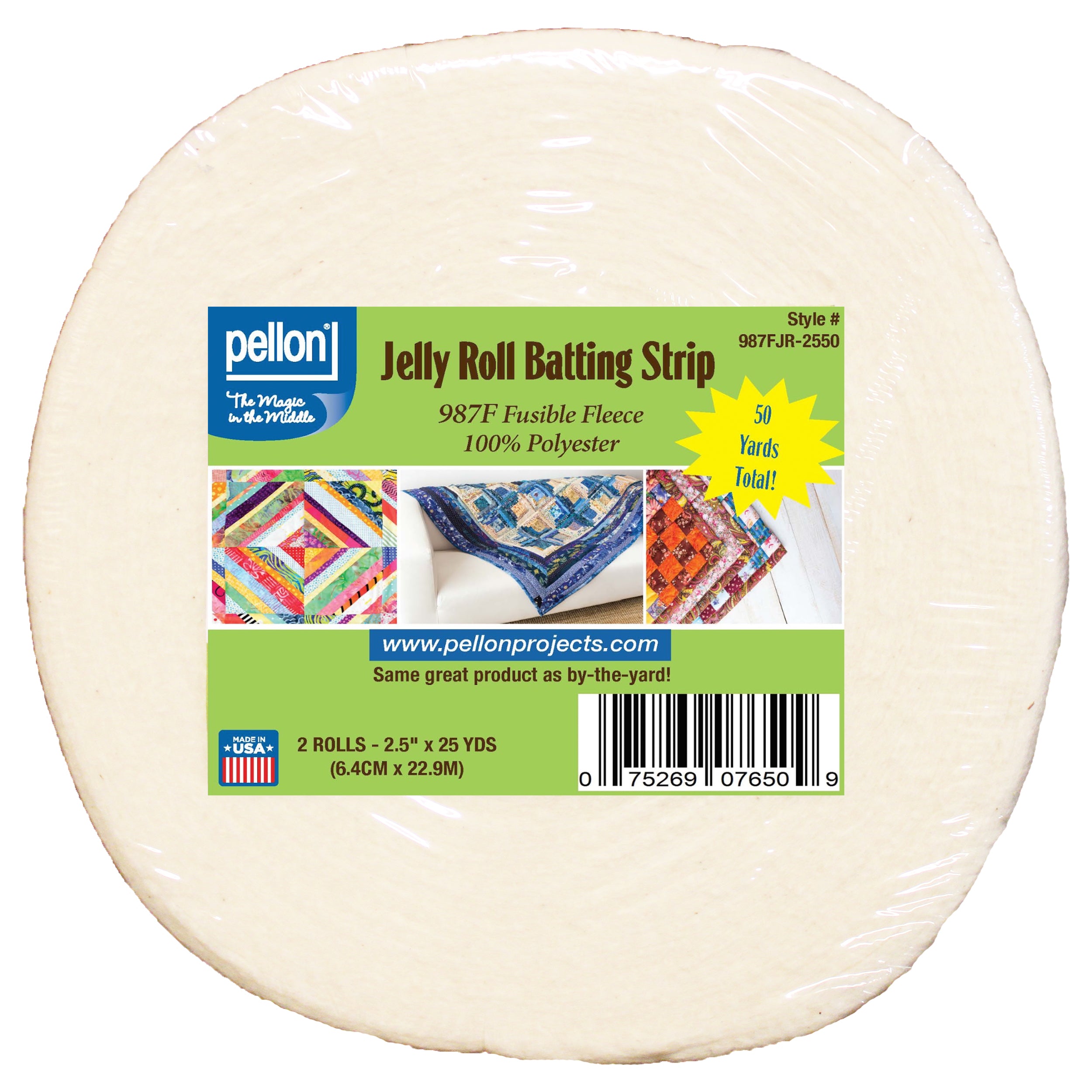 Pellon® 987F Fusible Fleece 2.5" x 50 yds Jelly Roll Strip Package. Color: White.