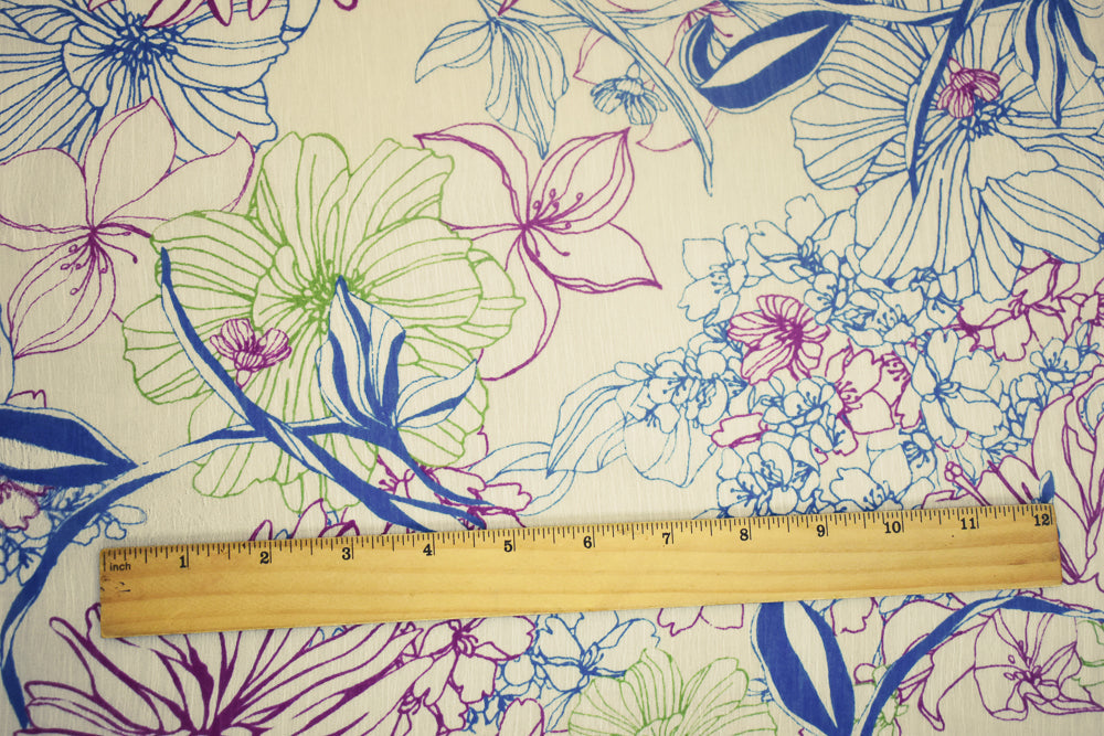 Ivory-Purple-Multi Floral Printed Poly Yoryu Chiffon Woven Fabric
