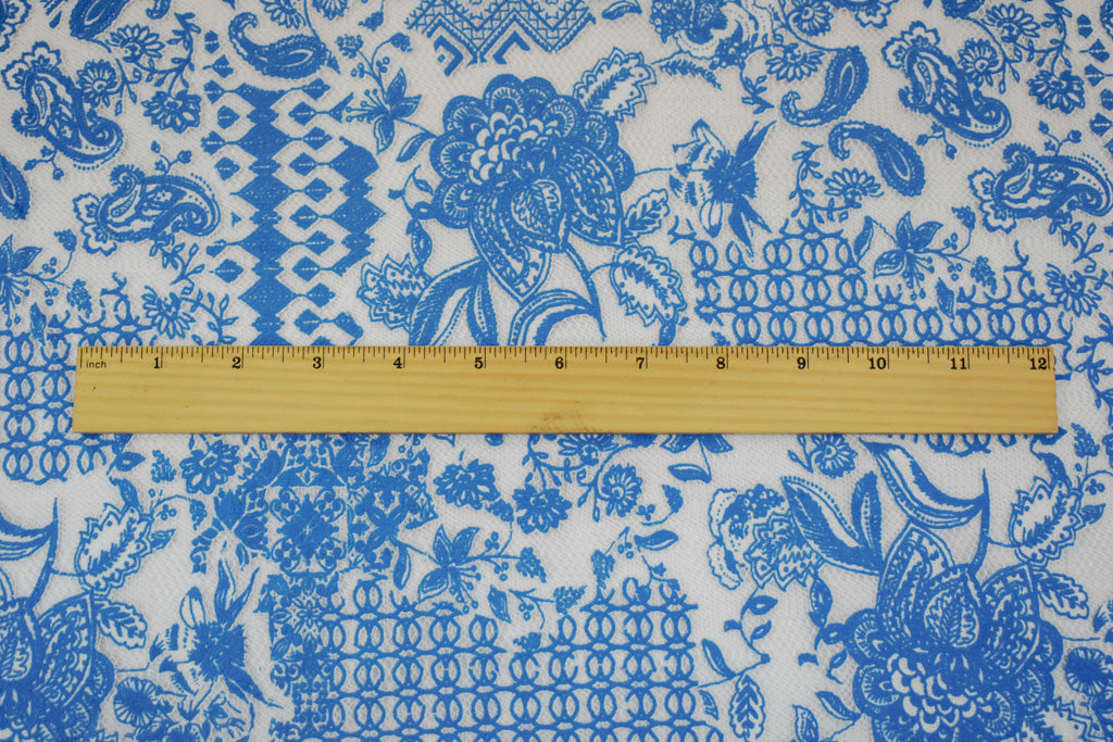 Cobalt Blue-White Poly Cotton Floral Multi Pattern Lace Mesh Knit Fabric