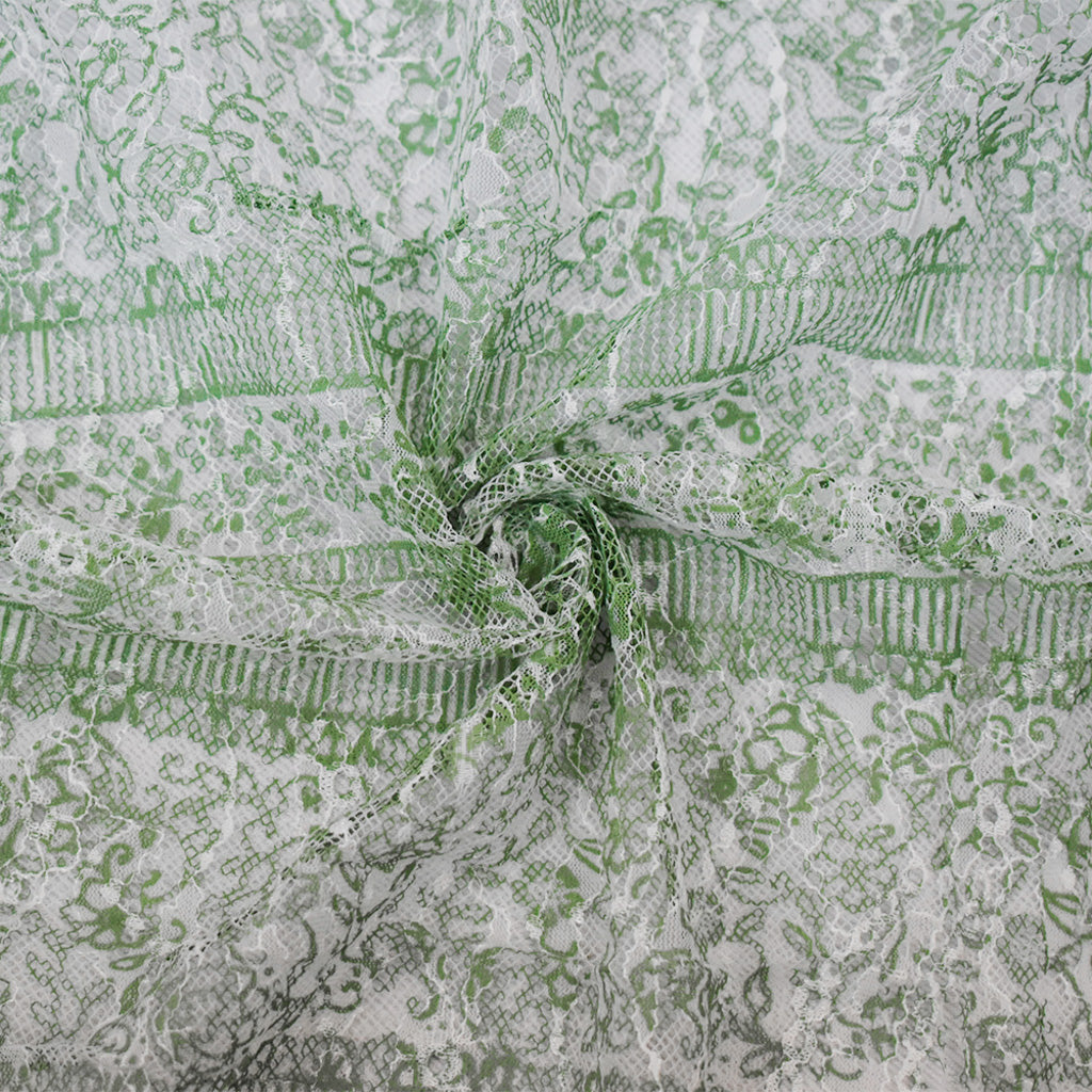Green-White Nylon Floral Stripe Printed Lace Mesh Knit Fabric
