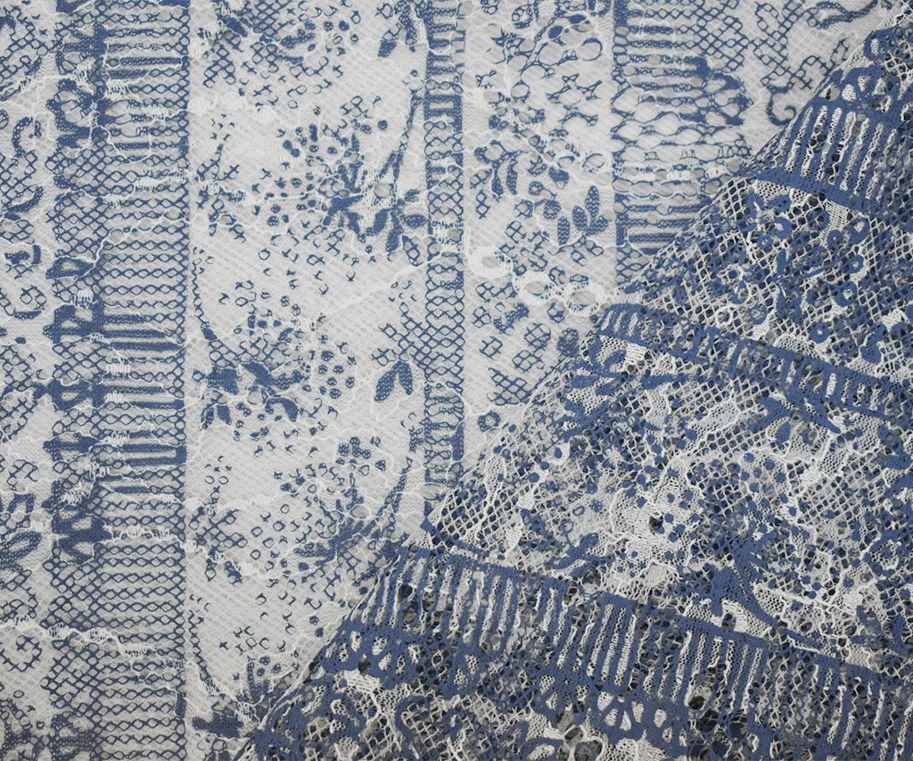 White-Blue Nylon Rayon Floral Stripe Printed Lace Mesh Knit Fabric