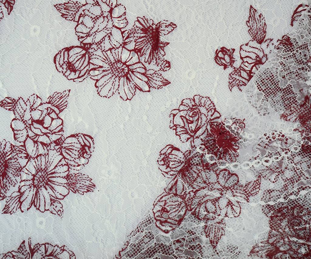 White-Deep Red Nylon Floral Printed Lace Mesh Knit Fabric