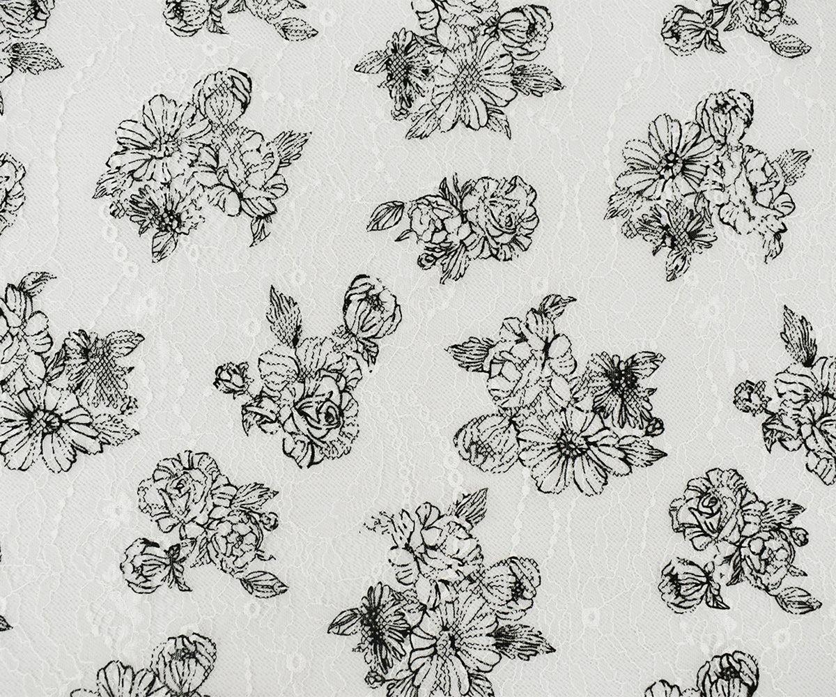 White-Black Nylon Floral Printed Lace Mesh Knit Fabric