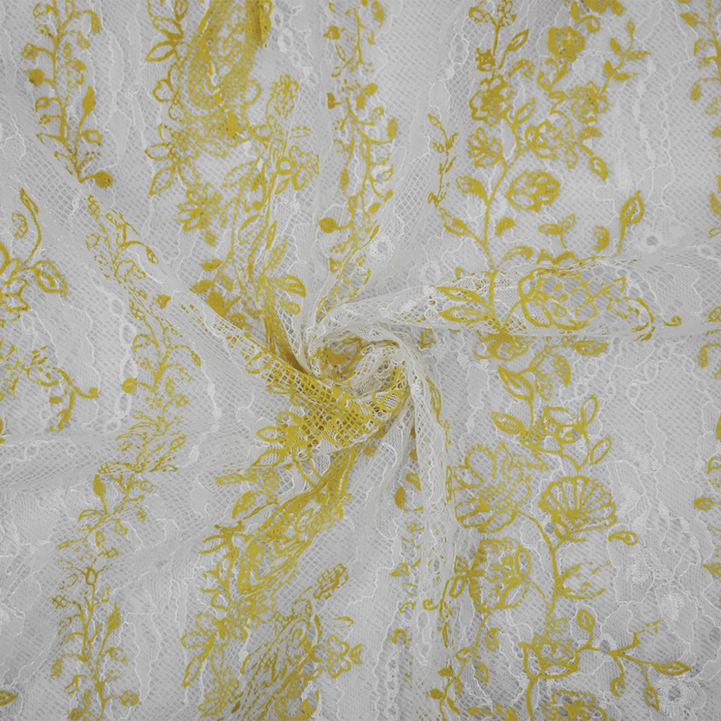 Yellow-White Nylon Floral Vine Printed Lace Mesh Knit Fabric
