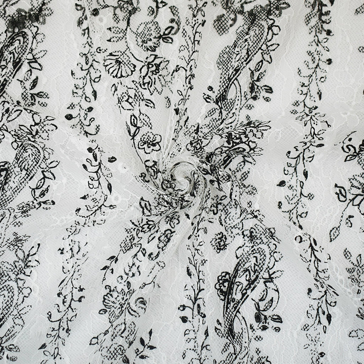 White-Black Nylon Floral Paisley Printed Lace Mesh Knit Fabric