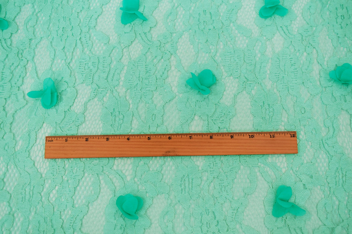 Pastel Teal Cotton-Poly Floral Applique Lace Mesh Knit Fabric