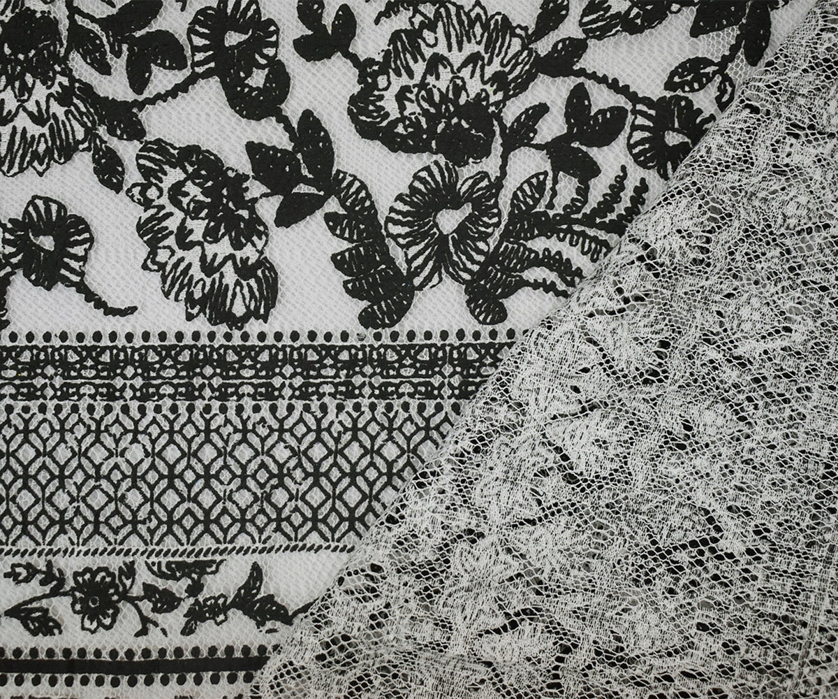 Black-White Cotton Nylon Floral Printed Mesh Fabric