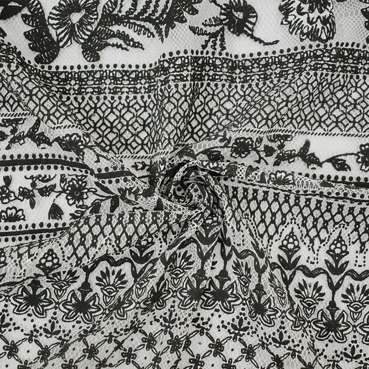 Black-White Cotton Nylon Floral Printed Mesh Fabric